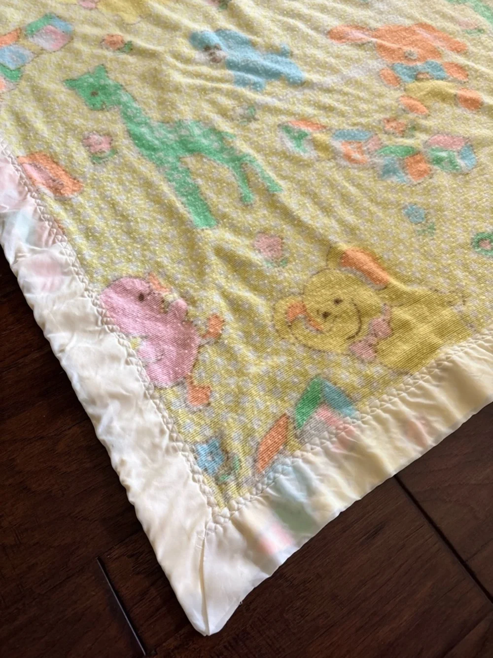 Vintage Pastel Animal Baby Blanket with Satin trim made in USA baby Gordon style